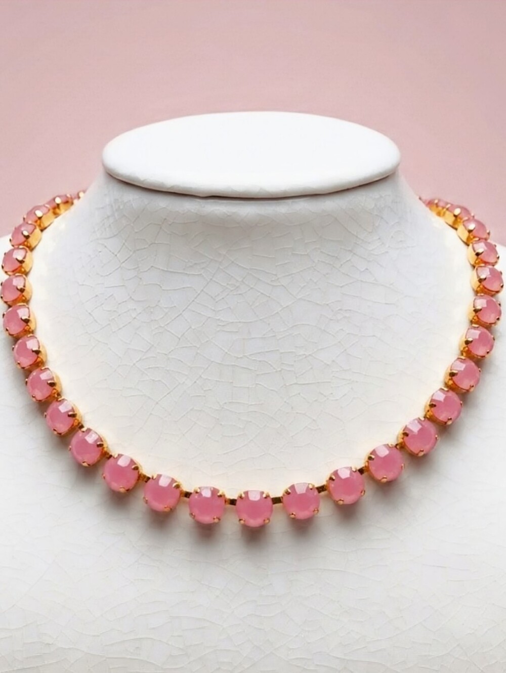 Bubble Gum Pink Crystals In Classic Statement 14K Gold Plated Necklace